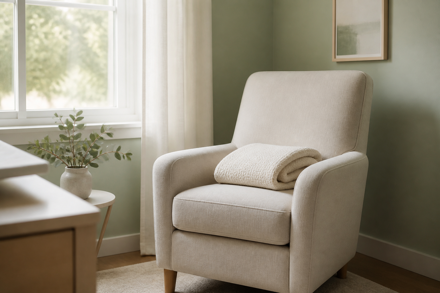 Soft window light on an empty upholstered chair and a folded blanket.